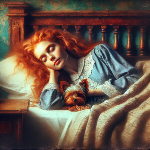 A beautiful red haired woman in pajamas and her cute yorkie pupp...