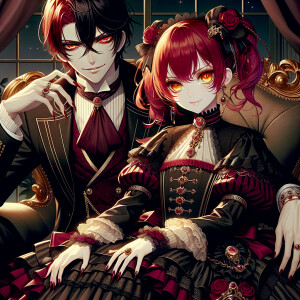 Lilith as a girl with elegant gothic lolita dress sit on the lap...