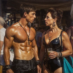 Photo Hyperrealism, painting,a muscular sweaty beefy criminal so...