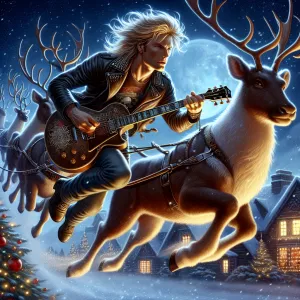 Male rockstar with blonde hair and a guitar riding through the a...