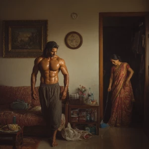 Hyperrealism oil painting  ,a indian  muscular beefy  sweaty man...
