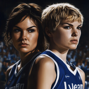Create an image of two women accompanying the Kentucky Wildcats....