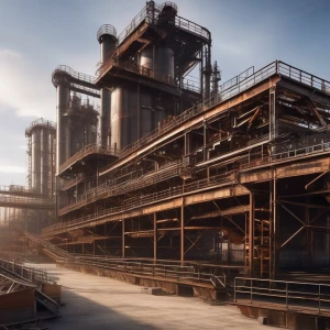 A sprawling industrial complex with interconnected metal walkways, rusted storage tanks, and massive gears visible through the open framework."