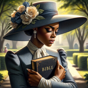 Render an airbrush oil painting of an African American woman with flawless makeup in a
contemplative pose, holding a Bible close to her heart, dressed in an elegant Sunday Best
outfit with a distinctive Church Hat. The background features a peaceful church garden,
with light filtering through the trees, highlighting her spiritual connection and the personal
moment of reflection. The artwork should capture the tranquility of the scene, the beauty
of her attire, and the depth of her contemplation, reflecting a serene and spiritually