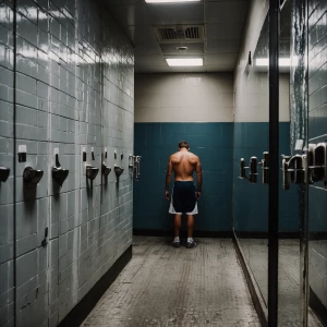 The coach in the locker room showers after practice alone showin...