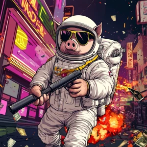 Cute cartoon pig in vintage white spacesuit and NASA style helme...