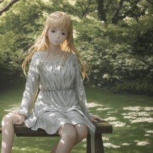 An ultra-realistic photograph captured with a Sony α7 III camera, equipped with an 85mm lens at F 1.2 aperture setting, portraying a white woman sitting on a wooden bench in a sunlit park. The background is beautifully blurred, highlighting the subject. The park is adorned with lush greenery and blooming flowers, creating a serene atmosphere. Soft sunlight gracefully illuminates the subject’s face and hair, casting a dreamlike glow. The image, shot in high resolution and a 16:9 aspect ratio, captures the subject’s natural beauty and personality with stunning realism –ar 16:9 –v 5.2 –style raw