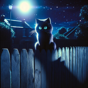 Beautiful cat, sitting on a fence in the moonlight