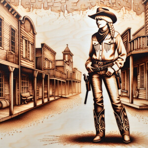 A full view of a blonde haired lady with a cowboy hat on, wester...