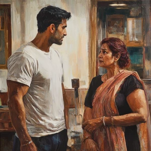 Realistic art 1:1,A muscular sweaty man talking to his 54 year o...