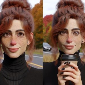 45 year old long ginger hair in messy bun, brown eyes, freckles,...