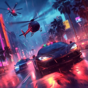 A slick gangster cat drifting a stolen sports car through city s...