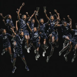 Winners of a double dutch jump rope competition holding their tr...