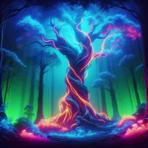 Create concept art of a neon-lit, ethereal jungle featuring a pr...