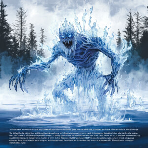 "Illustrate a malevolent, water and ice-based entity rising from...