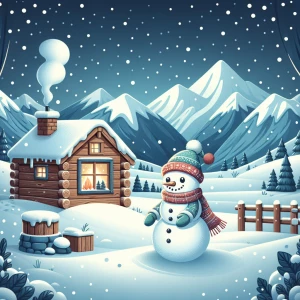 a snowman in a winter cabin in the mountains
