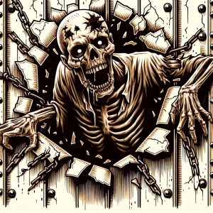 Rotting zombie breaking thru metal wall in an old school tattoo...