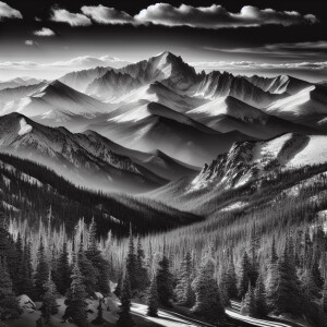 A beautiful black-and-white landscape of pikes peak based on Ans...