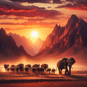 "An adult elephant leading a small herd across a dry riverbed. In the distance, mountains rise beneath a vibrant sunset, casting warm hues over the scene. Dust kicked up by their slow march catches the fading light, creating a serene yet majestic atmosphere