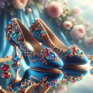 Imagine a pair of enchanting shoes, each a mirror image of the other, placed gracefully upon a regal surface. They are bathed in the soft, diffuse light that casts gentle reflections upon their silk fabric. These shoes are no ordinary footwear; they are a masterpiece of vibrant royal blue, adorned with ornate golden filigree and a multitude of glittering jewels in various hues—rubies, sapphires, emeralds, and delicate pink diamonds. Each shoe boasts an elegant, curved heel in a matching vivid blue, with tiny red and blue gems accenting the base. The shoes are positioned against a backdrop of soft-focus flowers, their pastel colors complementing the rich tones of the shoes, with hints of gold framing providing a touch of opulence. This image captures the essence of a fairy tale brought to life, a visual symphony of color and splendor.