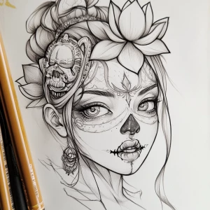 A drawing of a neo traditional girl head half the face is a skul...