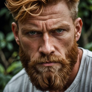 The image shows a close-up portrait of a man with a rugged, masc...