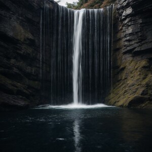Floating waterfall made of thin slate stone segments interlocked...
