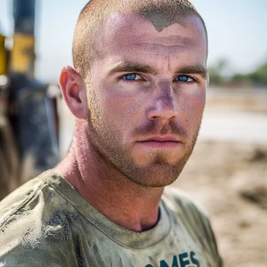 Brian Nobles a real 28 year old Caucasian male who is using  a concrete mixer, he is a  pump operator holding the hose which carries the liquid concrete to the foundation pour, Brian is slowly  beginning his transition into adult maturity , Brian Nobles is beginning to look like a grown man, he has large reflective blue eyes and a wrinkled brow,Brian is now balding , prominent large protruding round fat obese belly,,thick greying goatee beard, healthy muscle mass ,very noticeable male pattern balding hairline, Brian Nobles now has a  prominent receding and thinning male hairline (onset male pattern baldness), slightly fat overweight(Caucasian)wearing tight body conforming  glossy satin shiny green and gold tight fitting body conforming UnderArmour athletic bodysuit,emblazoned with the "KD HOMES" real estate logo, standing confidently in front of a newly completed constructed new KD HOME in Victorville California in a raw desert landscape. Brian has a protruding fat obese muscular physique, large male bulge, fat obese muscular frame , shows a substantial frame with a noticeable mature hairline and expressive eyes. His workman’s  pose should reflect his experience in his trade.