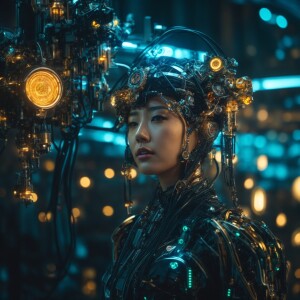 Futuristic cyborg woman in Korean manhwa style, gazing sideways,...