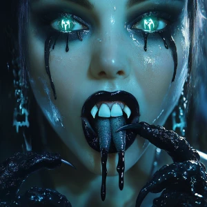 A hyper-realistic gothic digital painting of a vampire woman. He...