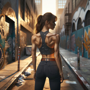 Athletic Thin skinny Attractive, Asian teenage girl, long brown hair and bangs, wearing tight skinny jeans and a halter top paint marks on her clothing, heroic pose Asian graffiti background, backside view