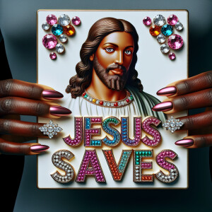A 3D realistic artwork featuring the phrase 'Jesus Saves' adorne...