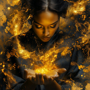 Portrait of a female sorceress in a void, surrounded by glowing...