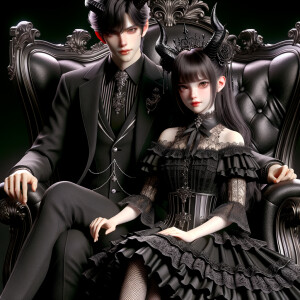 A beautiful girl named lilith with gothic lolita dress sit on the lap of handsome Lucifer with black horn, elegant and epic scene, sitting on the thrones, 3D, humanlike, high res