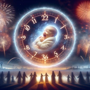 "Under a sky ablaze with fireworks, the clock strikes midnight a...