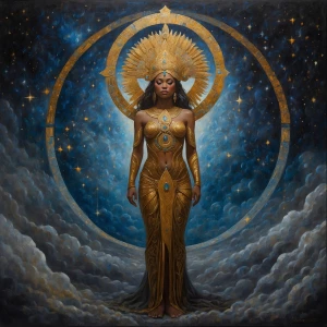 In the center of the cosmic canvas, a celestial being adorned in...