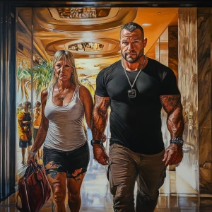 Hyperrealistic painting HD.A sweaty beefy man walking with his 5...