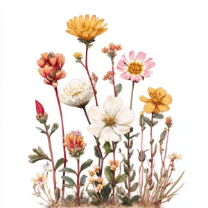 Desert wildflowers, botanical illustration, white background