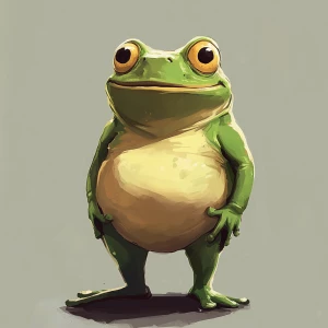 a green anthropomorphic frog with big, round bulging eyes, subtl...