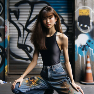 Very thin Athletic Thin skinny Attractive, Asian teenage girl, long brown hair and bangs, wearing tight skinny jeans and a halter top paint marks on her clothing, sitting side view heroic pose Asian graffiti