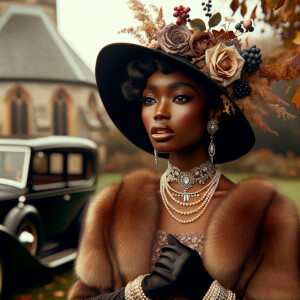 Create an image of a sophisticated woman with dark skin, wearing...
