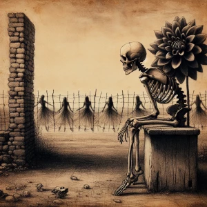A melancholic scene featuring a skeleton seated on an old, erode...