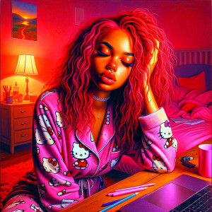 Bedroom landscape colors are coral and purple. Oil painting a 20 year old African American brown skin tone girl sits at her desk she’s tired with her head laying on the desk eyes closed. She’s wearing hello kitty pajamas pink bedroom slippers. She has full lips, long volume lashes, wet wavy ruby red hair tied in a scarf. Laptop on the desk, night light, pink tumbler, note pad and pencils. Vibrant colors, electrostatic art 8K HDR