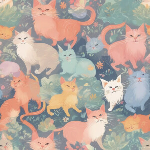 Five mischievous cats of different colors are playing together,...