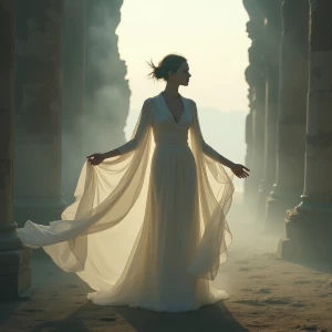 A fluid form-shifting mist dancer clad in gossamer robes crafted...