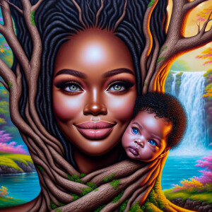 Create a close-up, hyper-realistic 3-D oil painting of a tree wi...