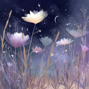 Fantasy botanical illustration of glowing pastel wildflowers swa...