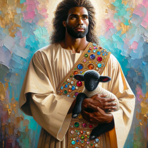 Oil painting of an African-American man resembling Jesus Christ,...