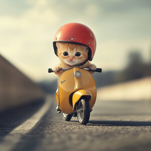 A small orange kitten with black eyes sporting a red helmet, per...