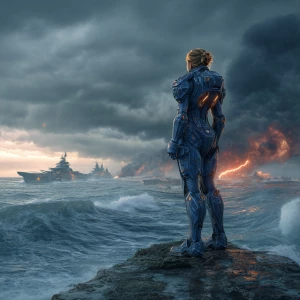 A female warrior in futuristic blue armor standing on a rock in...